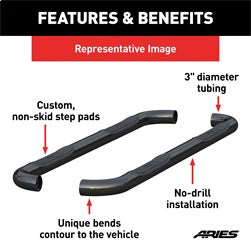 ARIES 201002 - 3 Round Black Steel Side Bars, Select Jeep Liberty