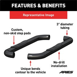 ARIES 203014 - 3 Round Black Steel Side Bars, Select Ford F-250, F-350 Super Duty