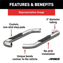 ARIES 204017-2 - 3 Round Polished Stainless Side Bars, Select Silverado, Sierra 1500, 2500, 3500