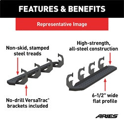 ARIES 2055514 - RidgeStep 6-1/2 x 75 Black Steel Running Boards, Select Dodge, Ram 1500