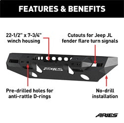 ARIES 2082072 - TrailChaser Jeep Wrangler JL, Gladiator Steel Front Bumper (Option 7)