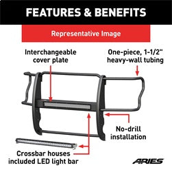 ARIES 2170000 - Pro Series Black Steel Grille Guard with Light Bar, Select Jeep Wrangler JK