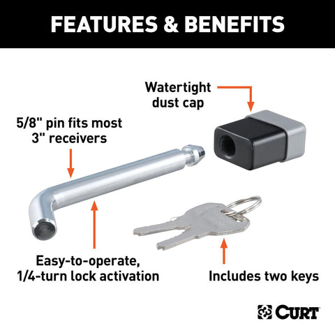 CURT 23021 5/8 Hitch Lock (2", 2-1/2 or 3 Receiver, Deadbolt, Chrome)